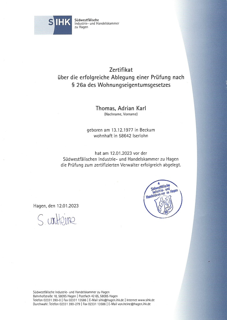  Zertifikat §26a des Wohneigenentumsgesetzes